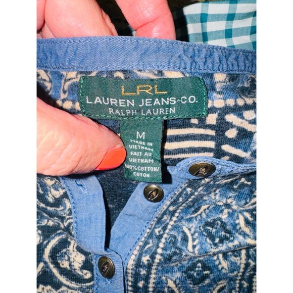 Ralph Lauren LRL Blue Patchwork Print Button-Front Henley Top M 100% Cotton - Picture 6 of 11
